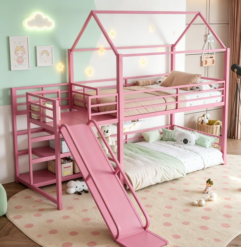 Bellemave Metal Bunk beds Twin Over Twin with Slide and Storage Stairs, House Floor bunk Bed with guardrail for Kids,Pink