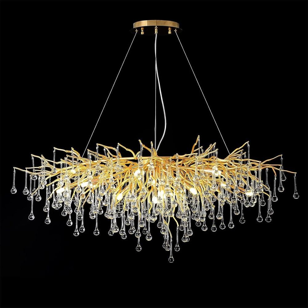 KXEcoLife Modern Crystal Chandelier - Raindrop & Tree Branch Design, Luxury Large Pendant Light Fixture for Dining Room, Living Bedroom, High Ceiling Entryway/Foyer,L100cm