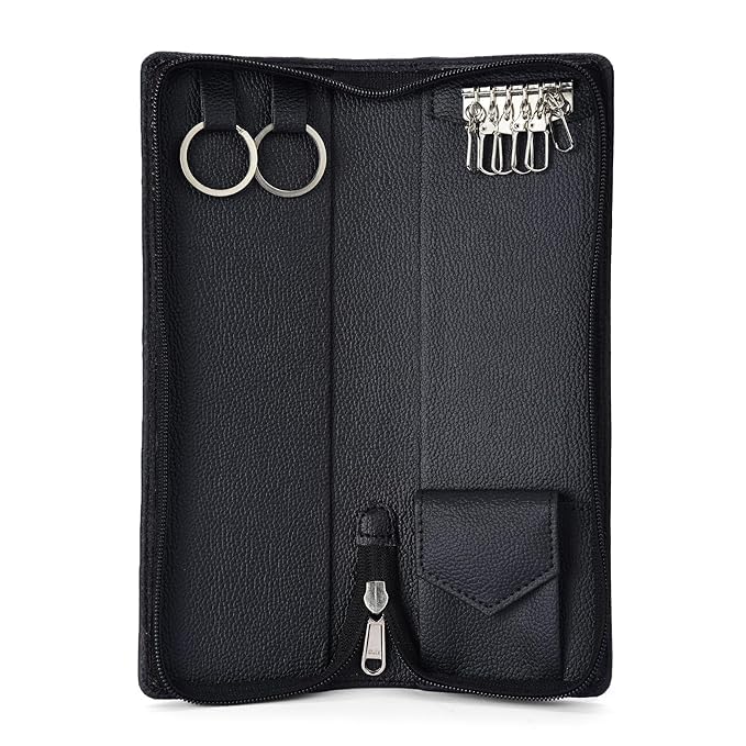 essacci PU Leather Double Key Case key holder leather key pouch key purse with Zipper, 25.5 cm x 8.5 cm x 2.50 cm (Set of 1), Black-picture-11