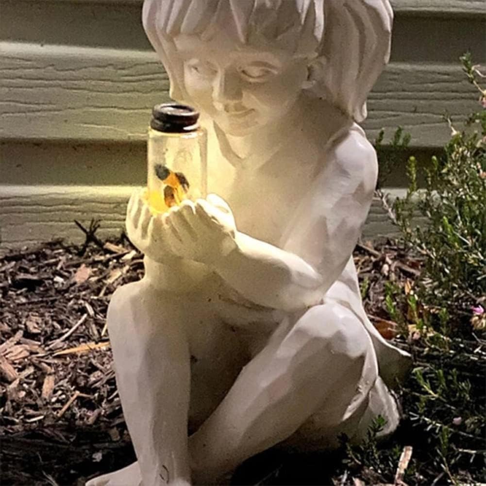 Słoneczna statuetka ogrodowa, figurka chłopca dziewczynki ze świecącym słoikiem ze świetlikami, rzeźby z żywicy do dekoracji kwietnika i podwórka