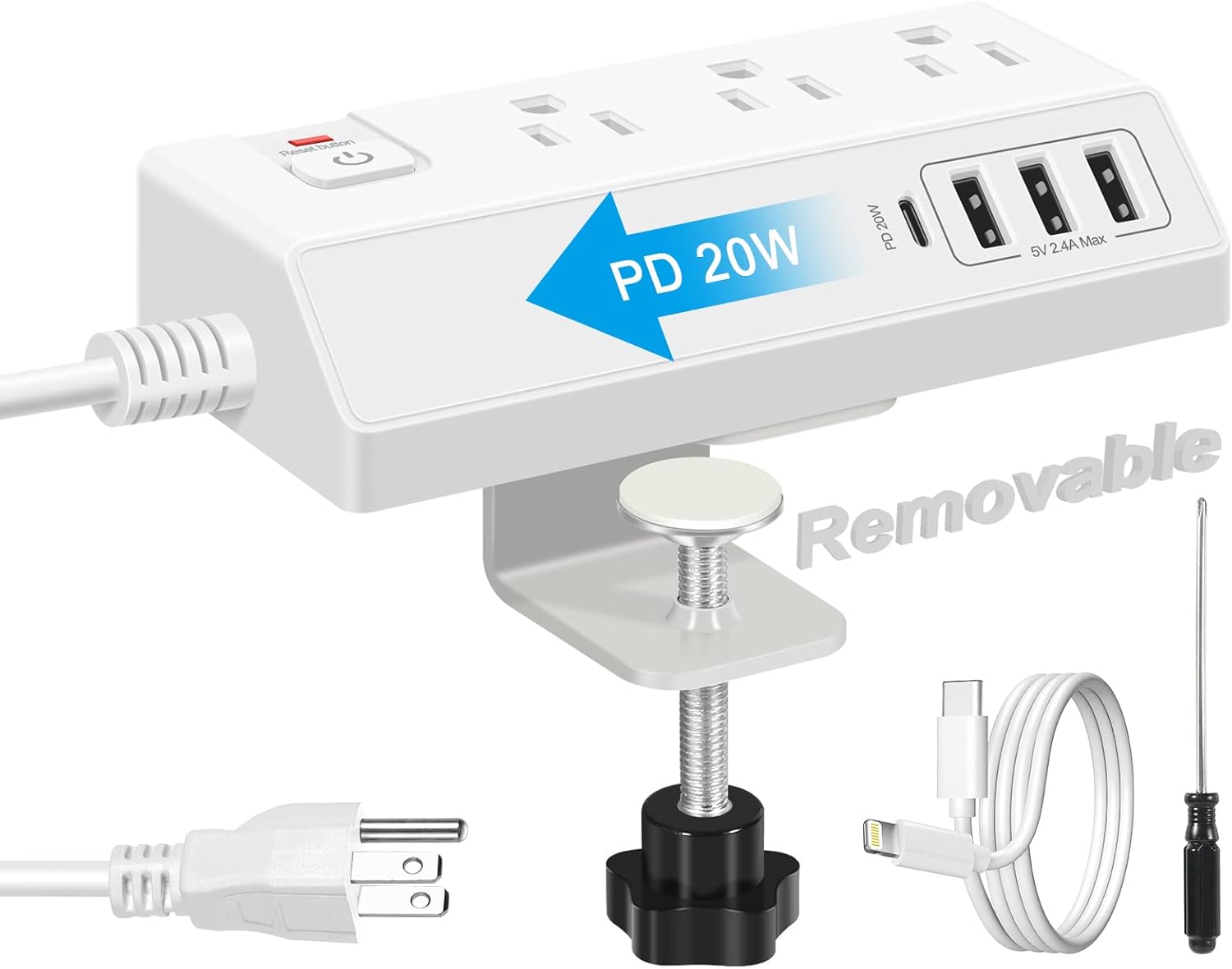 Desk Clamp Power Strip with USB C (20W PD) Removable