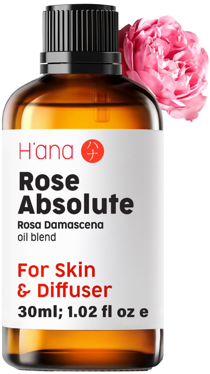 H'ana Rose Essential Oil - 100% Pure and Natural Rose Oil for Face, Skin and Diffuser - with a Sweet, Fresh Scent, Smells Like Fresh Roses - Symbolises Love and Beauty (30ml)