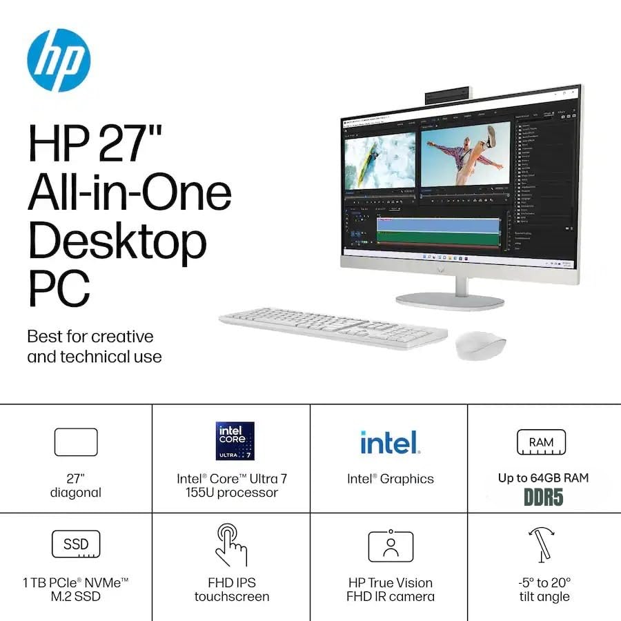Image of HP 27'' All-in-One Computer, Intel Core Ultra 7-155U (12 cores) Processor, 8GB DDR5 RAM, 512GB SSD, IPS Full HD(1920 x 1080) Display, USB, Bluetooth, Wi-Fi, HDMI, Wireless KB & Mouse, Win 11, White