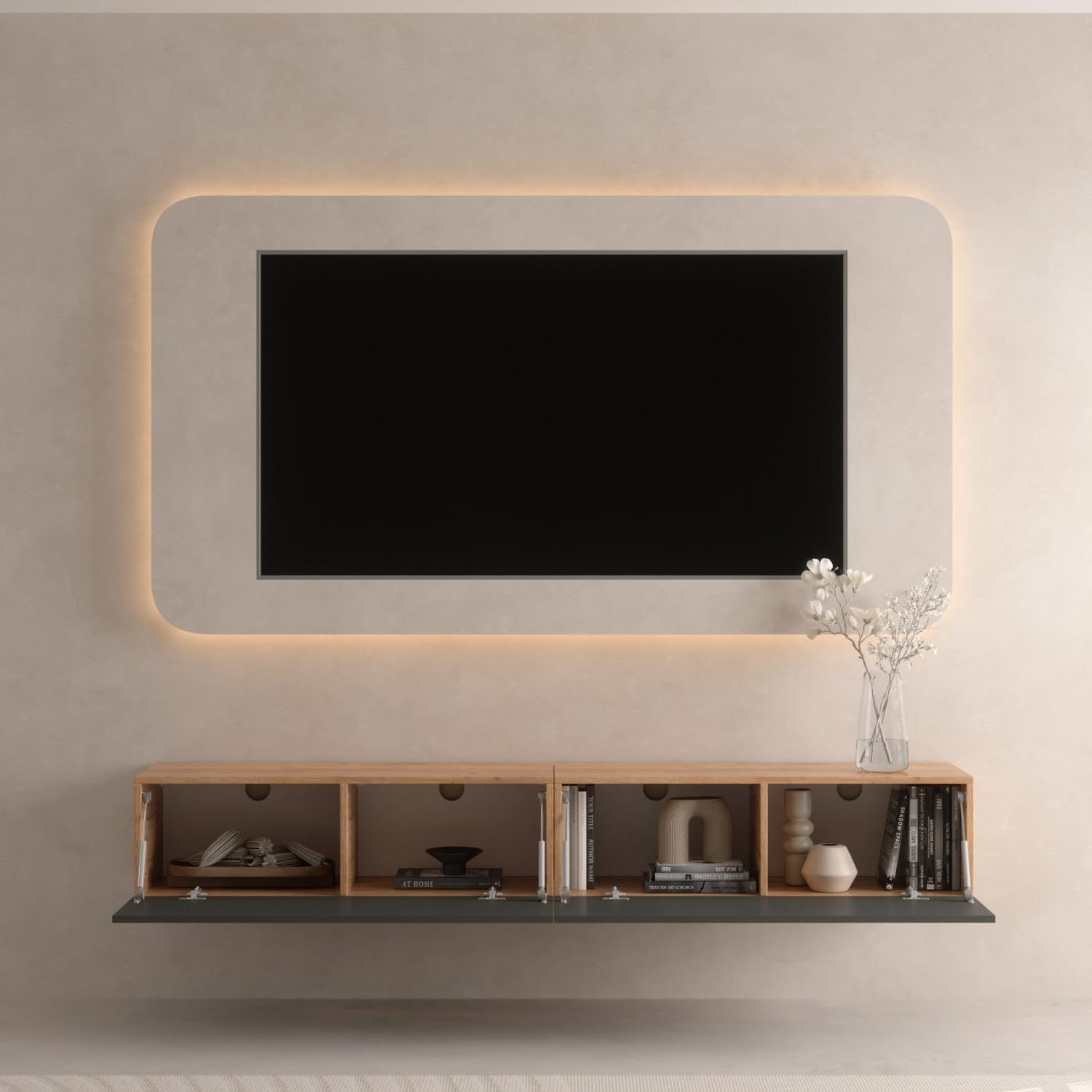 Planetmöbel Mueble TV West, Mesa TV de 200 cm de Largo, Mueble TV suspendido o de pie, Mueble Salon Moderno, 2X Mueble Television 37,8 x 100 x 30 cm, Roble Dorado Antracita