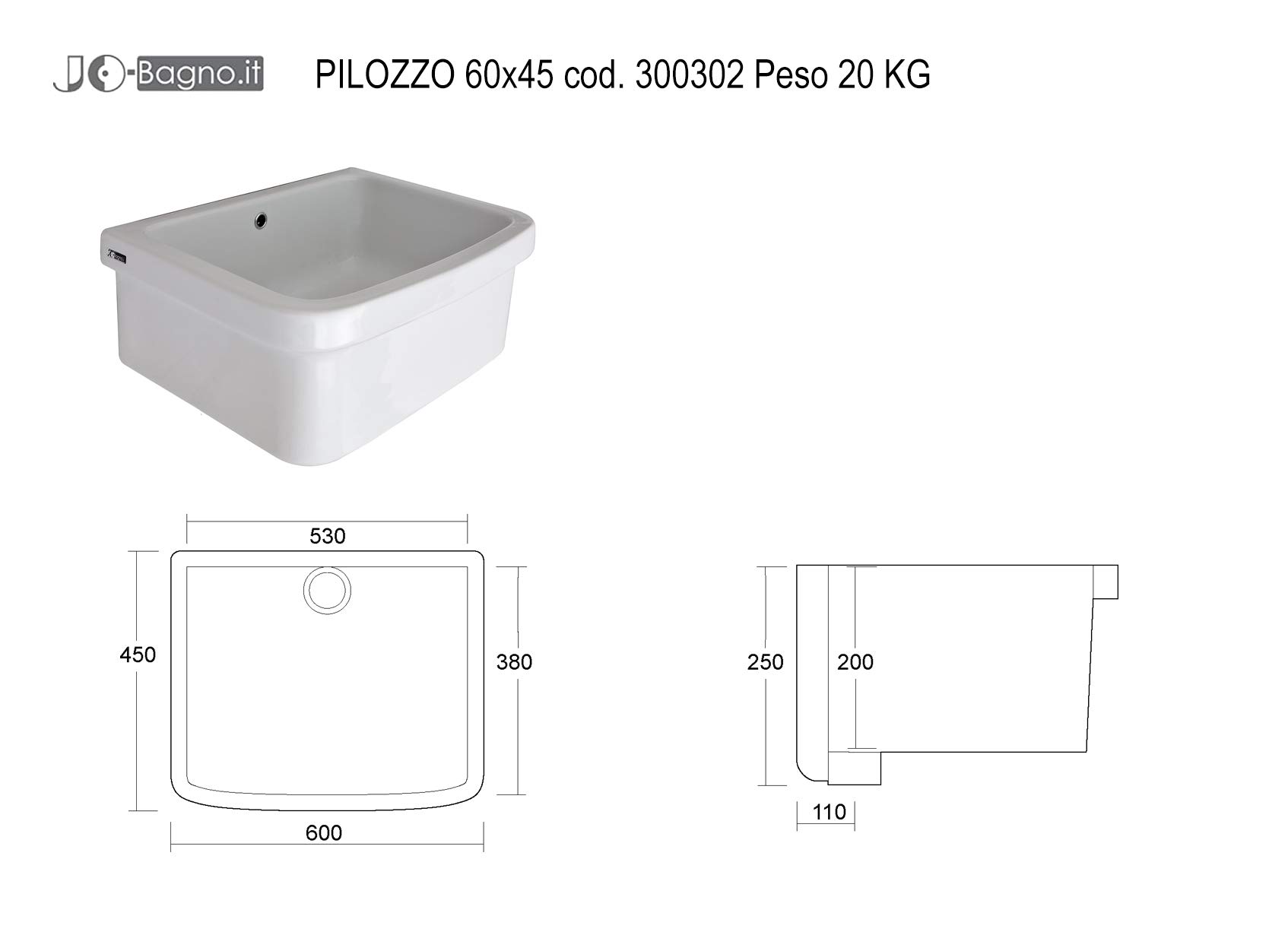 Lavabo de cerámica de 60 x 45 cm. Instalación en soportes de pared o soporte sobre encimera o mueble para interior y exterior, resistente a los ácidos y a la intemperie.