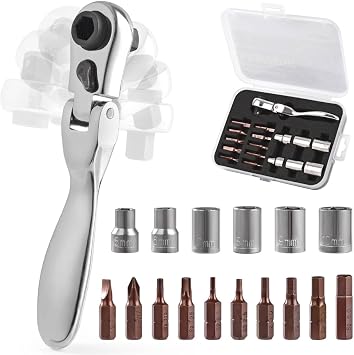 Mini Ratchet Set Right Angle Screwdriver Set with 1/4 Mini Flex Ratchet Wrench and Bit Socket for Small Spaces Ratchet Wrench with Bits and Sockets