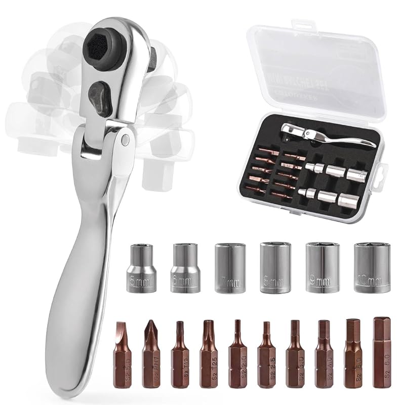Jogo de Chaves e Soquetes com Mini Chave de Catraca Flexível de 1/4, Bits e Soquetes para Espaços Restritos COTOUXKER HL344 com 16 Peças