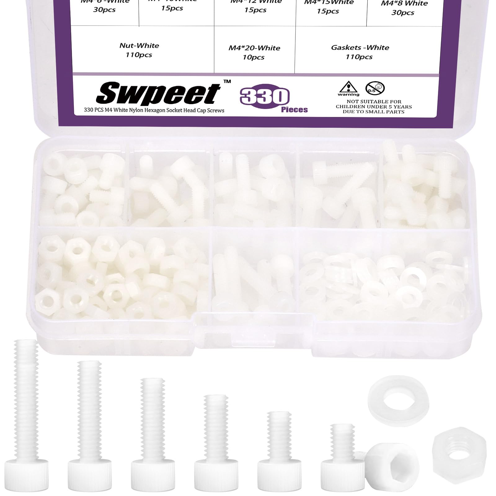 Swpeet 330Pcs M4 6 Sizes White Nylon Hexagon Socket Screw Nuts with Washers Assortment Kit，Plastic Hex Socket Head Cap Screws Bolts Nuts, Full Thread Hex Knurled Plastic Bolt, Length 6/8/10/12/15/20mm