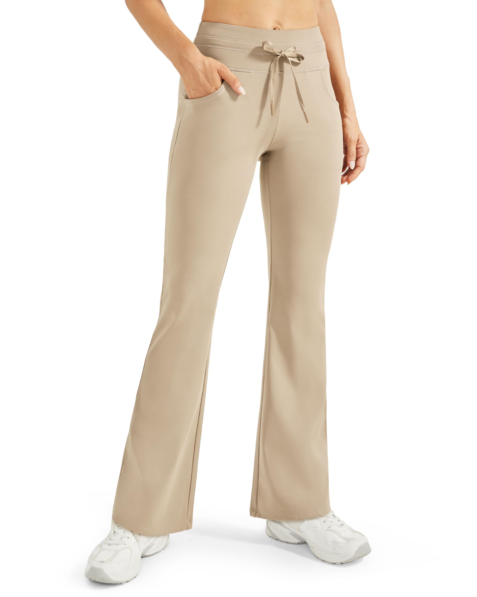 Promover Fleece Lined Flare Leggings for Women Yoga Pants with Pockets Workout Casual Winter Warm(Khaki,L)