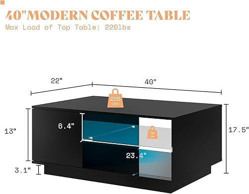 Miniatura 2 de AMERLIFE Mesa de centro LED con luz de 20 colores, moderna mesa central de alto brillo con estante de vidrio para sala de estar, control remoto,