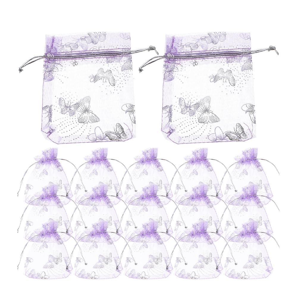 LOGOFUN 50Pcs Organza Bags Butterfly Printed Organza Jewelry Candy Bags Small Mesh Party Favor Bags with Drawstring for Wedding Birthday Party