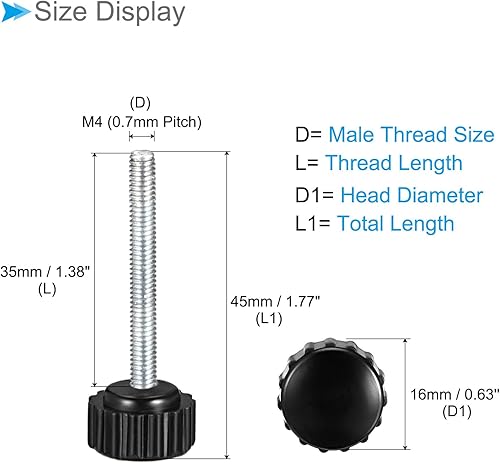 Miniatura 2 de Perillas de sujeción moleteadas, rosca macho M4 x 1.378 in, cabeza de 0.630 in, pomos de plástico termoestable para tornillo de pulgar negro