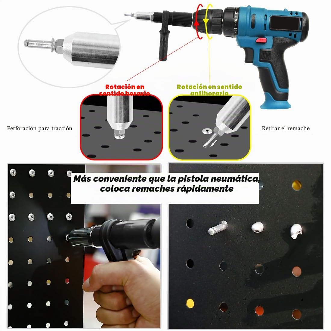 Swpeet - Kit de adaptador de pistola de remache eléctrica de aleación de acero negro de 211 piezas, incluye cabeza de remache de 2,4/3,2/4,0/4,8 mm de diámetro y llave de mango con kit de remaches