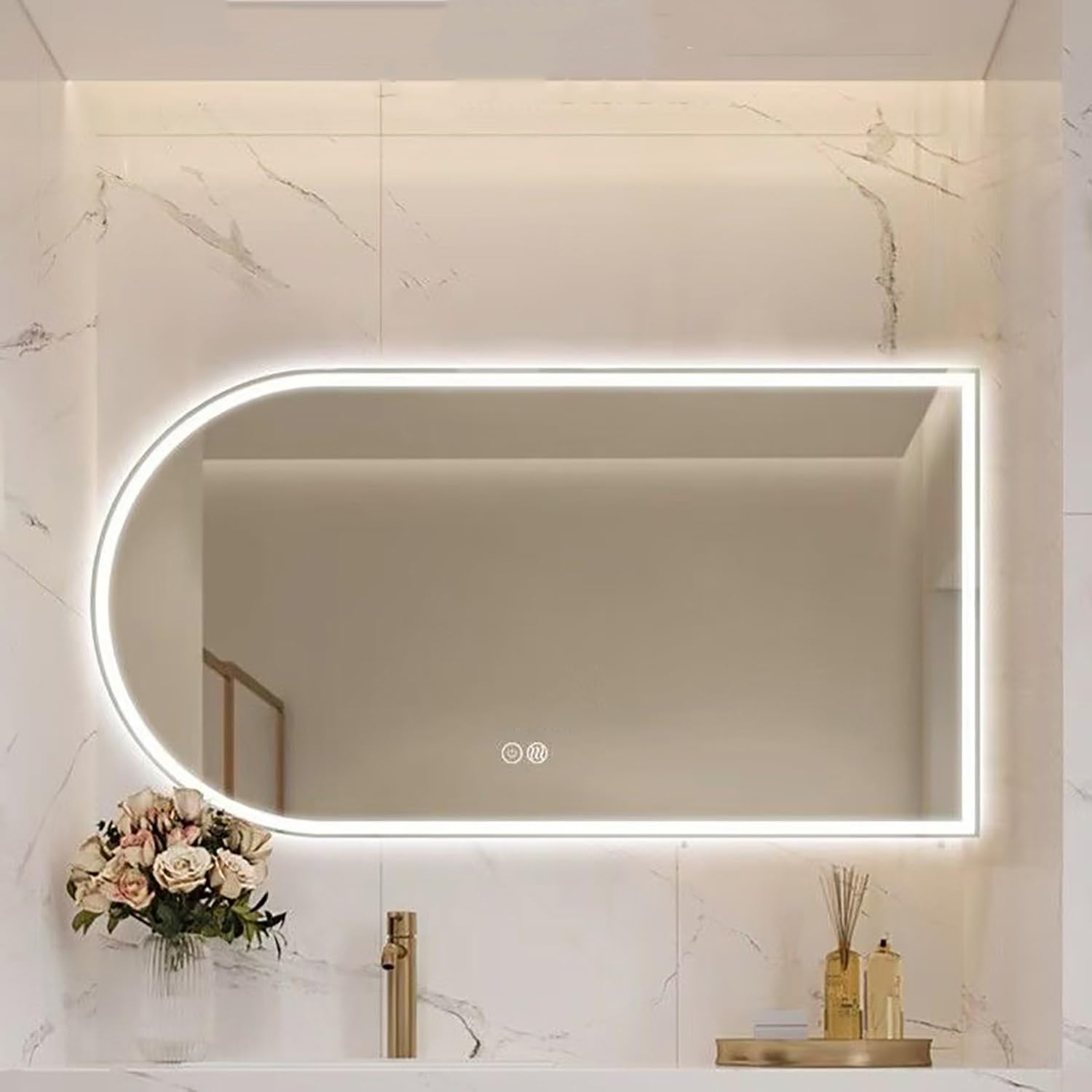 FGXHHS Lighted with 3-Color Dimmable Frontlit & Backlit Wall Mounted Frameless Arched LED Anti-Fog for Washroom Vertical/Horizontal(Cut Right,50x80cm)