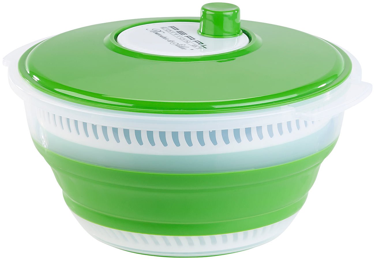 Rosenstein & Söhne Faltbare Salatschüssel: Faltbare XL-Salatschleuder mit Kurbel und hoher Übersetzung, 5 l (Salatschleuder platzsparend, Sieb, Salat)