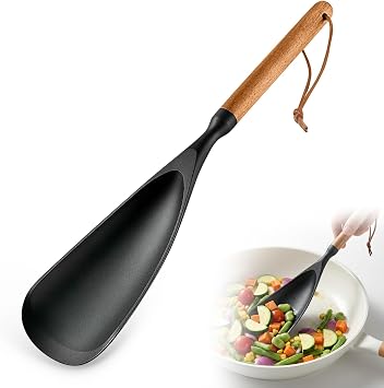Silicone Cooking Spoon for Nonstick Cookware Wooden Handle Spatula Spoon, Multi-Function Kitchen Tool for Stirring, Scooping, Scraping & Serving, Heat-ResistantBlack, 12.8 Inch