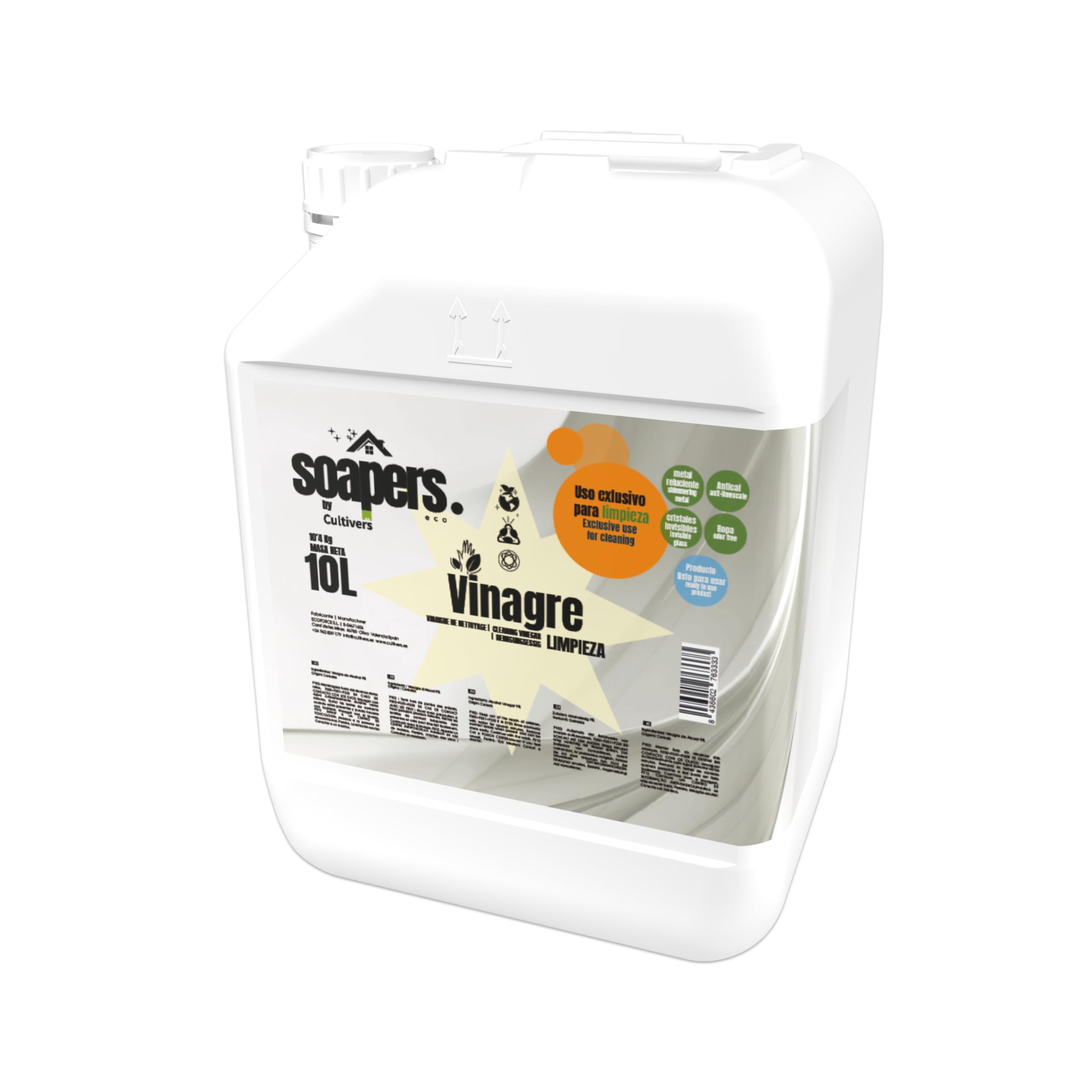 SOAPERS Vinagre de Limpieza Concentrado, 100% Natural, Limpiador Multiusos Potente para el Hogar (10 L)