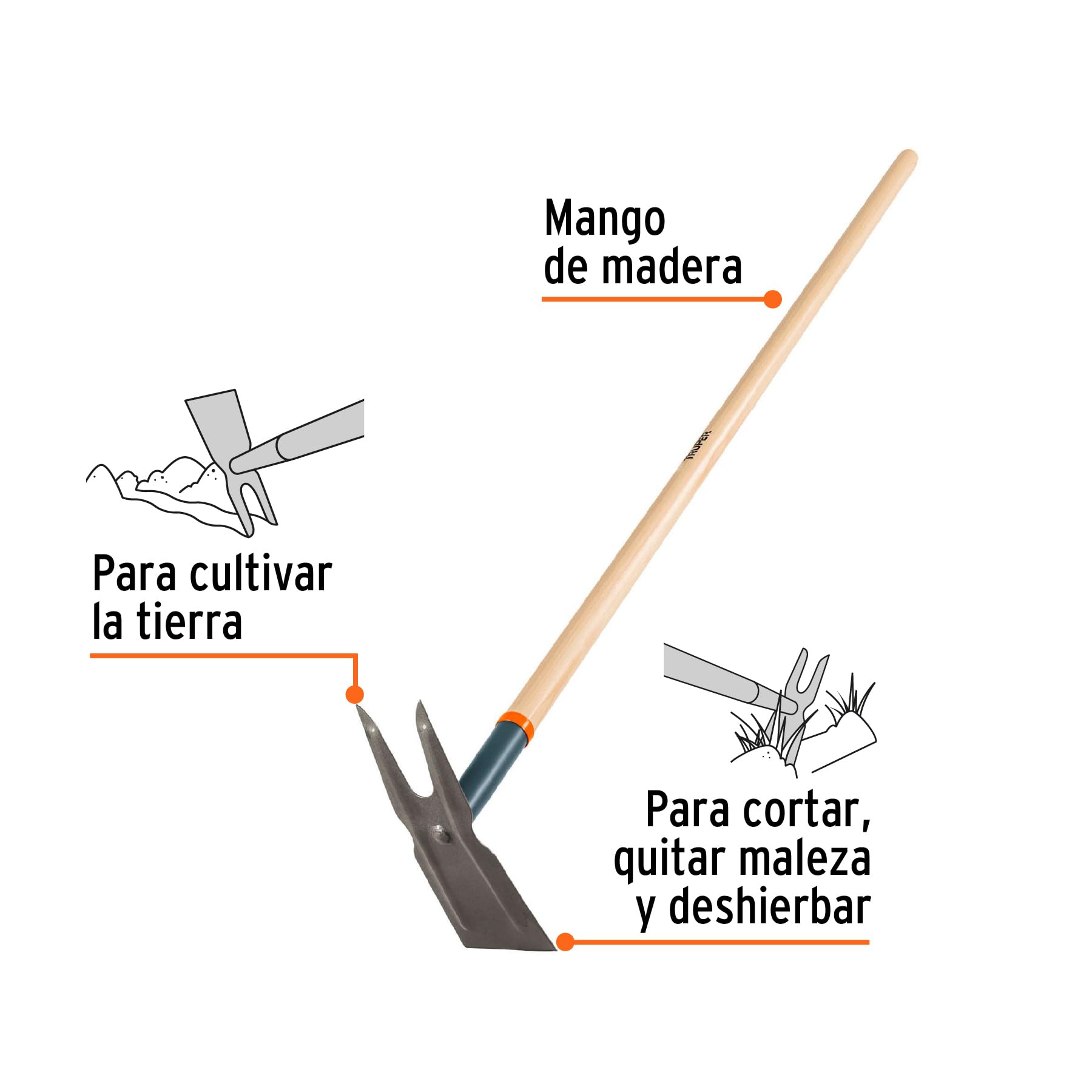 Truper A2C, Azadón dos cuernos, mango madera de 54"