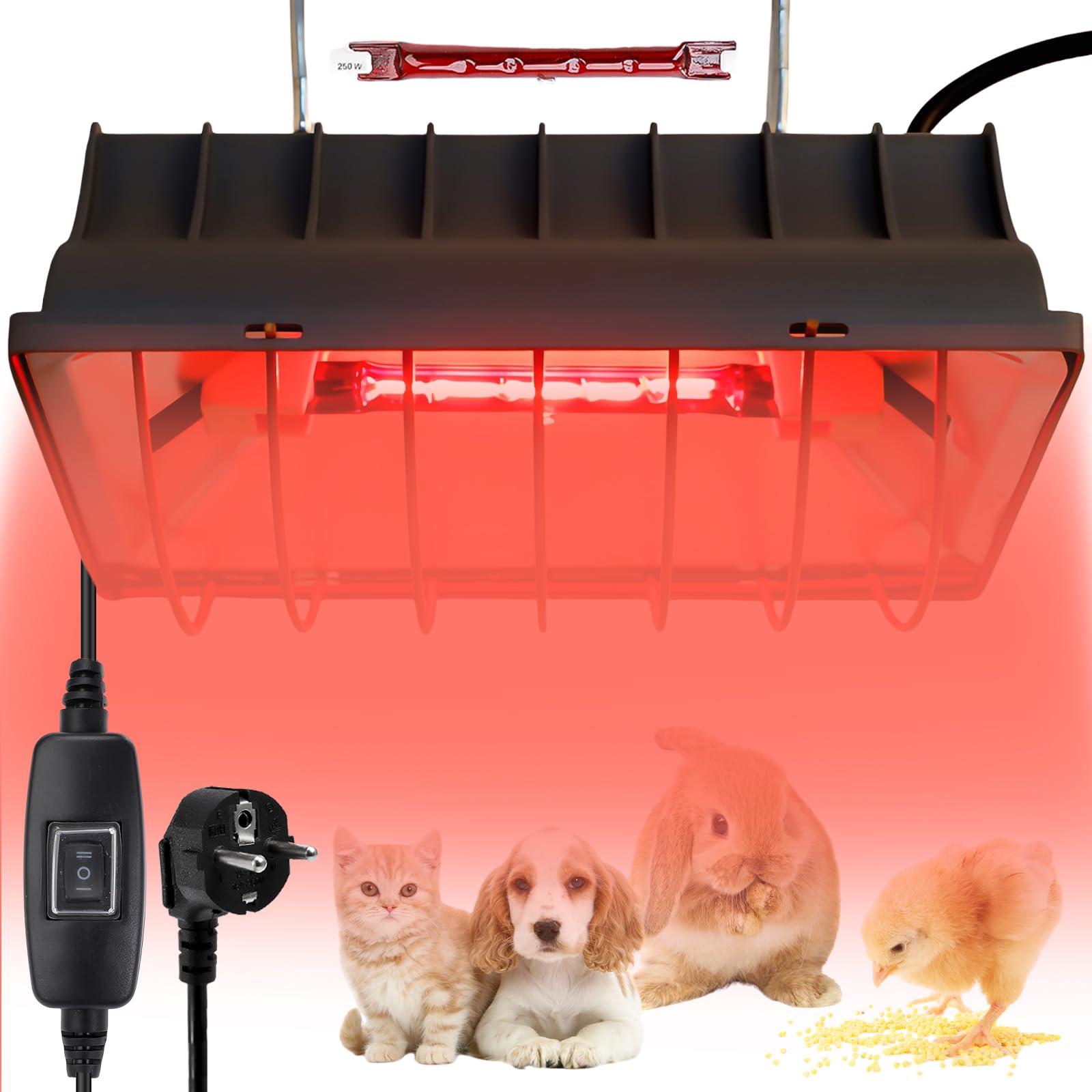 Lámpara de luz roja de 250 W para pollos: lámpara de calentamiento para gallinero con cable de 1,8 metros, lámpara de calor para pollos, lámpara para pollitos con interruptor, lámpara de calor para