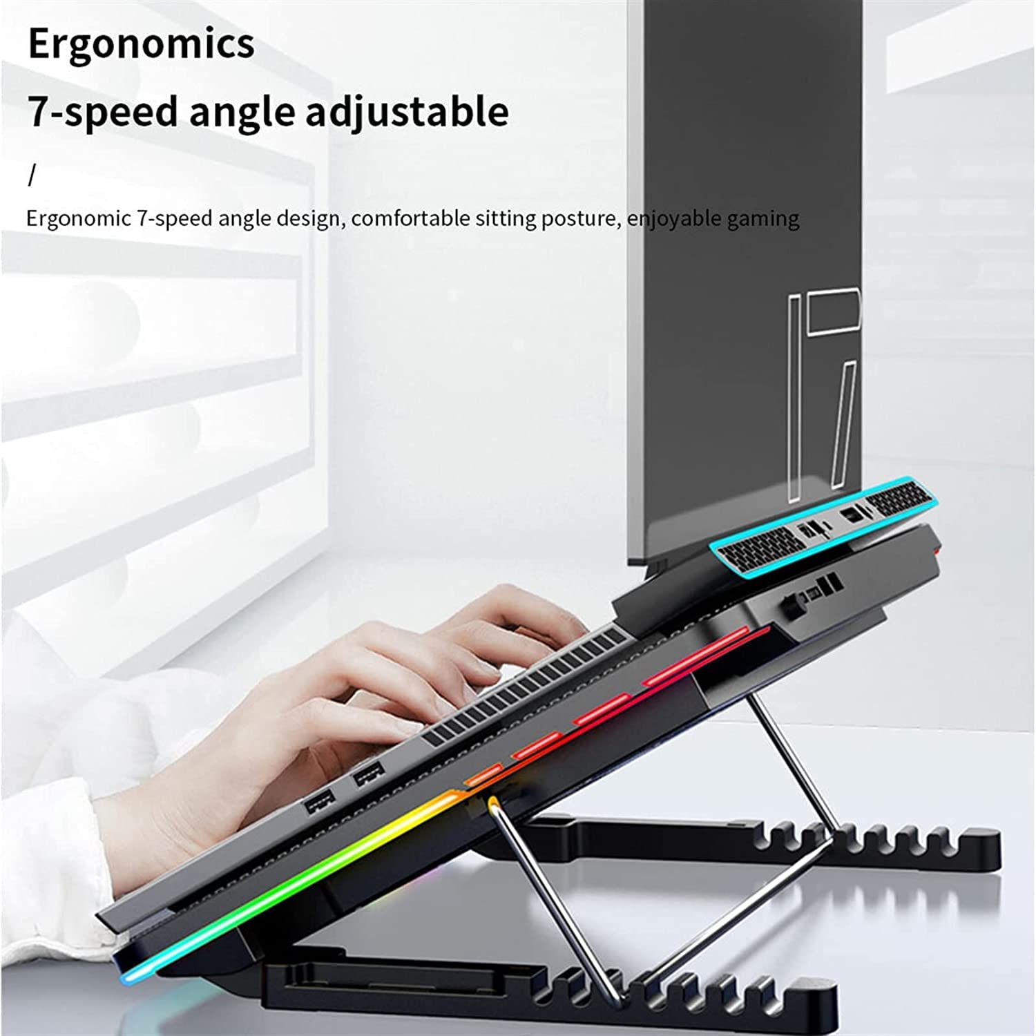 Chłodnica do Laptopa Podkładka Chłodząca Do Laptopa USB Cicha Chłodziarka Chłodnica RGB Light Speed ​​7 Gear Regulowany Kąt Stojak na laptopa,Wentylowany