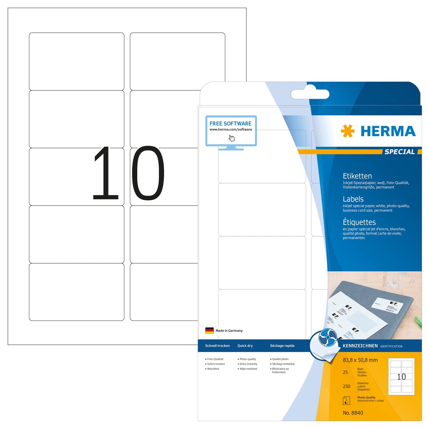 HERMA Self Adhesive Multipurpose Inkjet Labels, 10 Labels per A4 Sheet, 25 Sheets, 83.8 x 50.8 mm, 250 Labels, Blank Universal Labels Stickers, Sticky Labels for Inkjet Printer, White