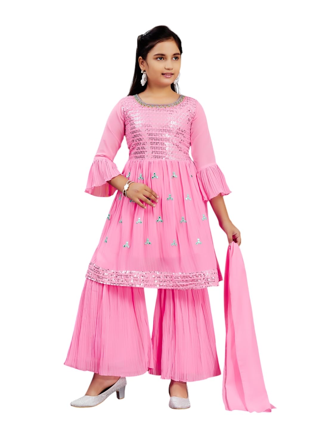 Aarika Girls Ethnic Wear Gajri Colour Sequins Embroidery Georgette Kurti Sharara Set (5-11 Years)