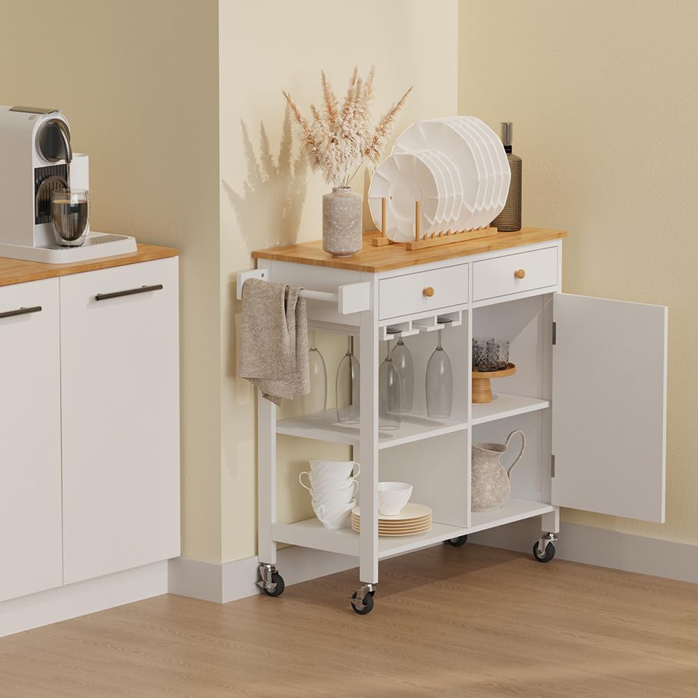 Vicco Küchenwagen Trayz, Weiß, 89 x 87 cm mit Rollen, mit Flaschenablage und Weinglashalter für Flexible Nutzung