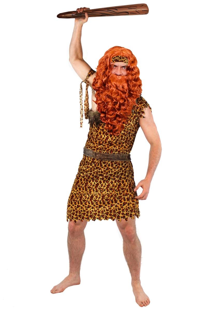CAVEMAN FANCY DRESS COSTUME WITH INFLATABLE CAVEMEN CLUB DELUXE CAVE MAN LEOPARD PRINT TUNIC + HEADBAND + ARMBAND + BROWN WIG WITH BEARD (LARGE)