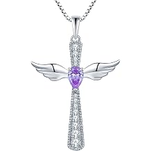 YL Cross Necklace 925 Sterling Silver Angel Wings Pendant Teardrop Birthstone Criss Jewelry for Women