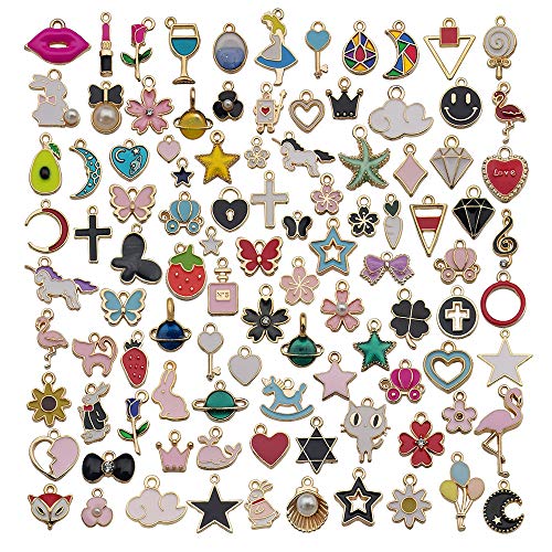 New 100pcs Mixed Assorted Gold Plated Enamel Animals Fruit Moon Star Dainty Dangle Charm Pendant for DIY Jewelry Making Necklace Bracelet Earring With 200pcs Jumprings (M413)