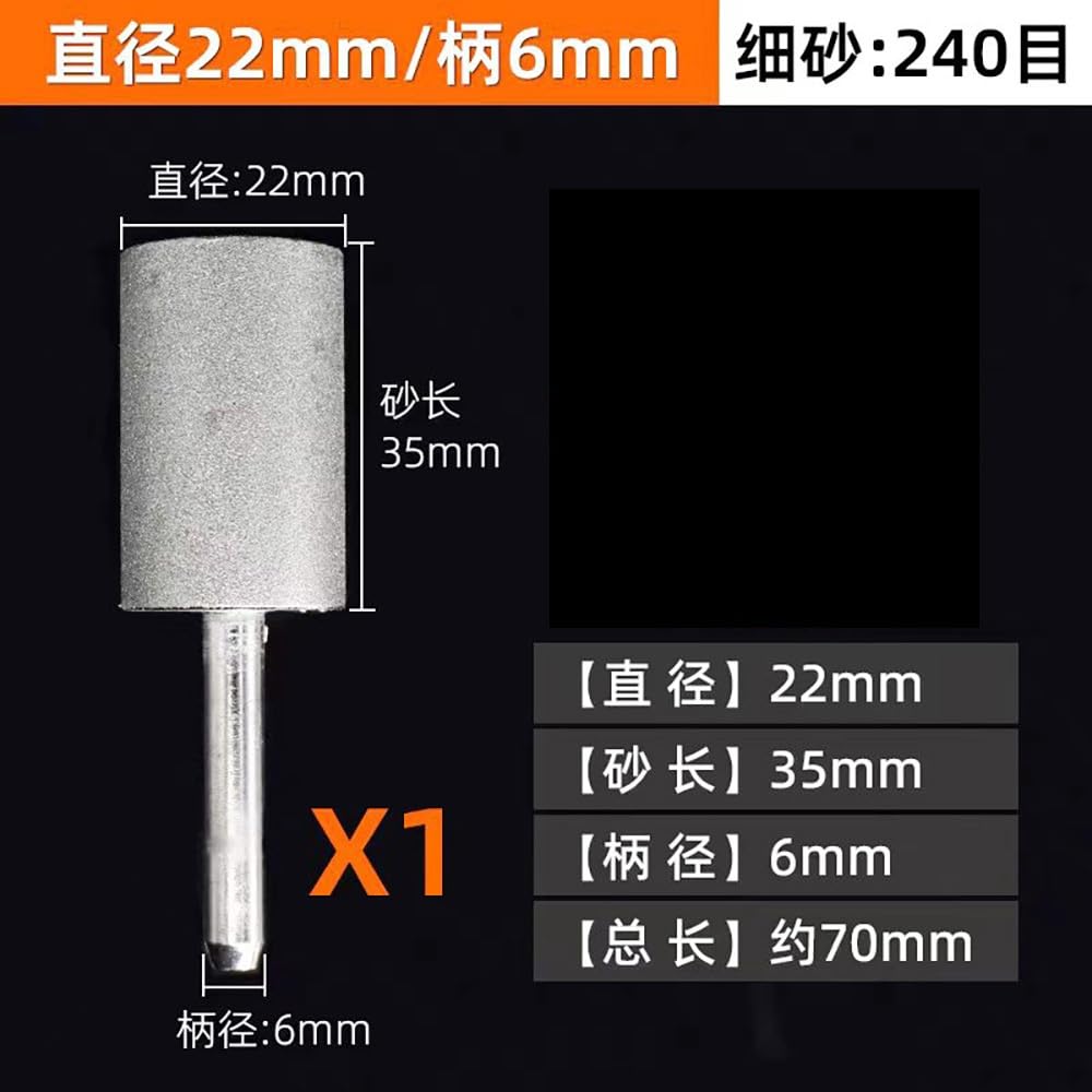 Mola Cilindrica Diamantata A Grana 240 – Testa Da 6-40 Mm, Gambo Da 6-8 Mm for Intaglio Di Vetro Ceramico E Pietre Preziose (1 Pezzo)(22mm)