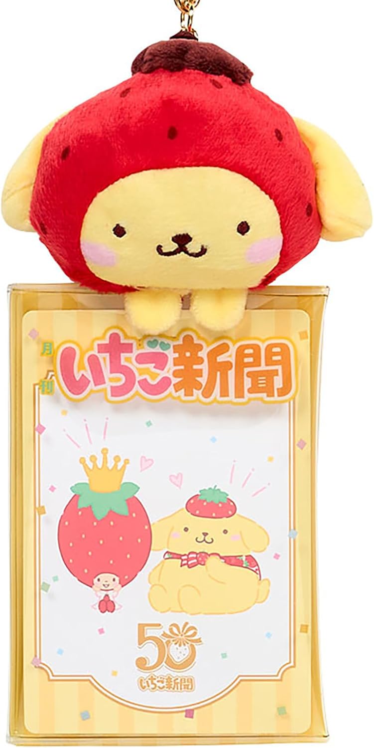 Sanrio 290475 Clear Case with Mascot (Strawberry Newspaper 50th Anniversary), Pompom Pudding, PVC, Polyester, Steel, Transparent Storage, Small Storage