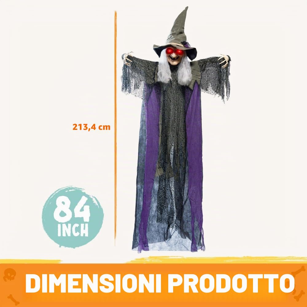 Decorazione da strega da appendere per Halloween con funzione di attivazione del suono, strega parlante animata con occhi rotondi per decorazione di Halloween, decorazione del prato