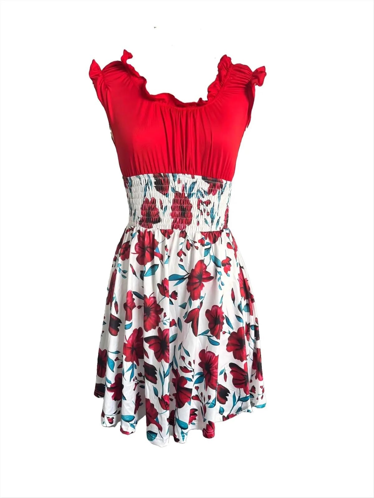Vestido de Playa Verano con Cuello en V Corte Ajustado Cintura elástica Mujer diseño Retazos Florales for Vacaciones