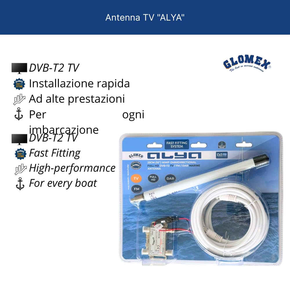 Glomex – Kit d'antenne TV/DAB/FM "Alya" compact 25 cm (Blanc), modèle RA304TV – Amplifié 24,5 dB, Omnidirectionnel, pour voiliers et moteur – Installation rapide complète