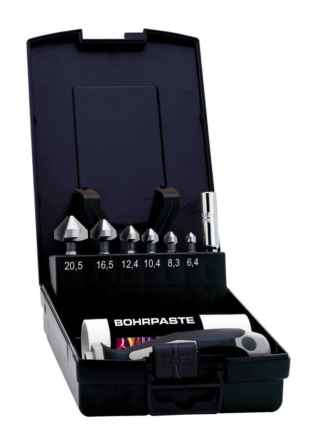 EXACT 5649 - Juego de acoplamientos (Ø 6,3-20,5 mm, soporte universal, broca y mango, mango de 1/4", HSS, DIN3126)