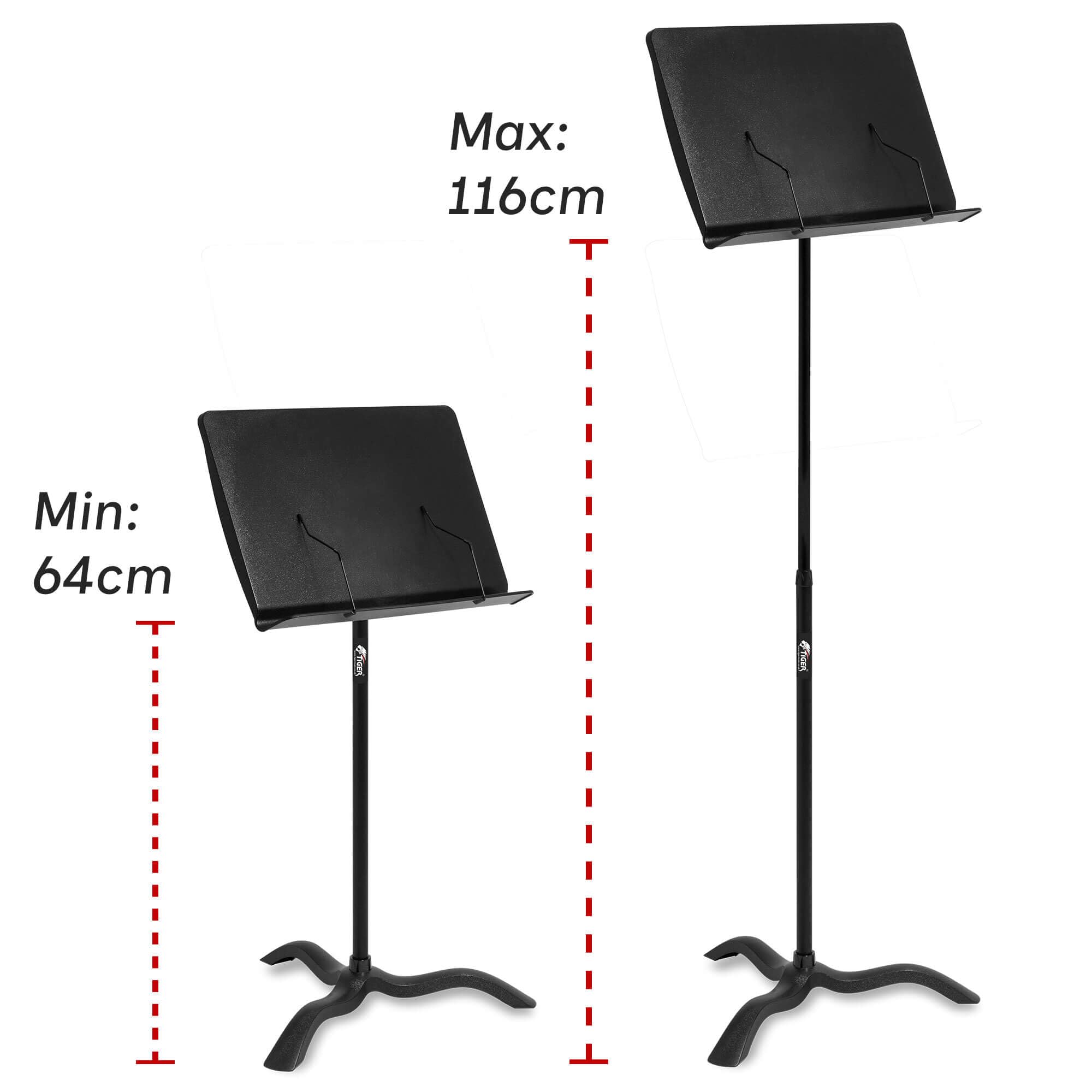 Tiger leggio orchestrale regolabile con piano da 50 cm | Altezza 64–116 cm, piano in polimero silenzioso, inclinazione libera e base a treppiede compatta.