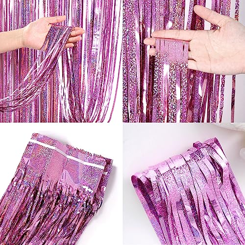 Image of 4 Pack Pink Tinsel Party Backdrop 12.8x8.2 Feet Glitter Metallic Tinsel Foil Fringe Curtain, Pink Backdrop Curtain Door Streamers for Birthday Bachelorette Graduation Christmas Party Decorations