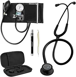 Kit Estetoscópio Black Edition 5803 + Esfigmomanômetro + Case + Lanterna Clínica + Caneta de Osso