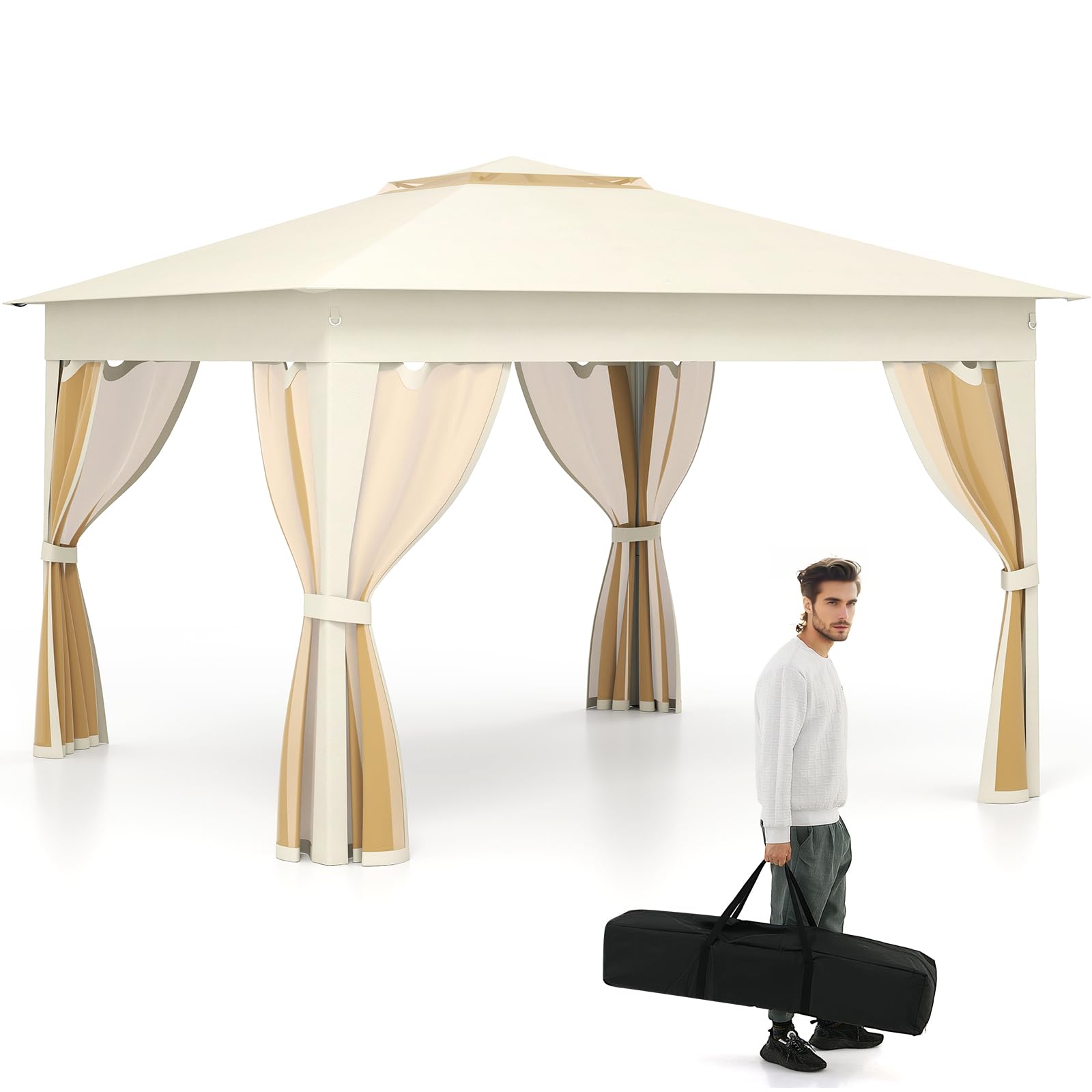 RELAX4LIFE Tonnelle Pliante 3x3 avec Moustiquaires, Toit Ventilé Argenté, Protection Solaire, Sac Inclus, Beige