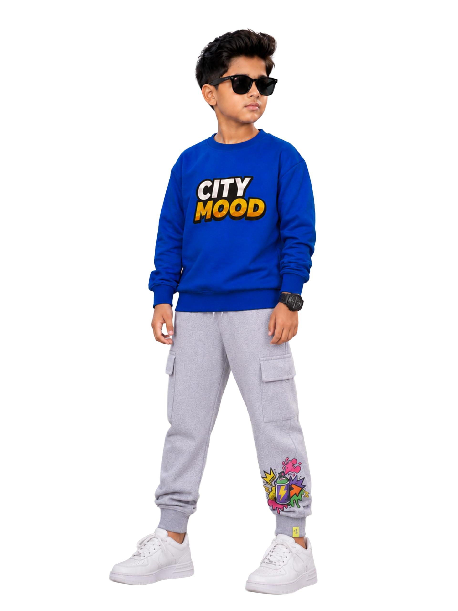 KiddoPanti Boys City Mood Sweatshirt with Spray Paint Graphic Fleece Cargo Joggers Co-ord Set, Royal Blue City Mood/Grey Melange Spray Can-6-8Y-picture-12
