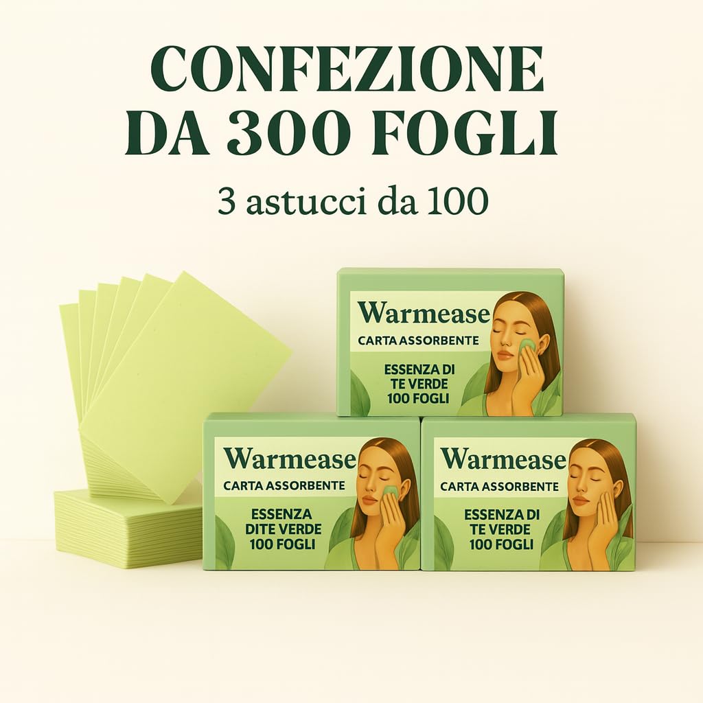 Confezione da 300 fogli assorbenti al tè verde, fogli assorbenti per il viso anti-lucidità, assorbono il sebo in eccesso, non alterano il trucco, formato tascabile per pelli grasse