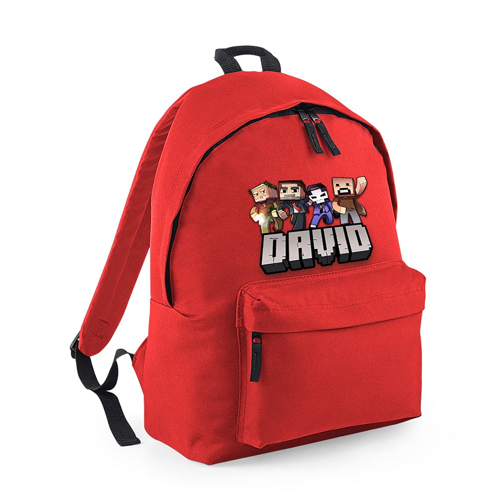 Personalised ANY NAME Cool Pixel Art funny Gaming Enthusiast, Back to School, Fashion Backpack for Nursery/Preschool/Travel, Bookbags for Kids/Teen Fashion Rucksack Shoulder Bag. (Bright Red)