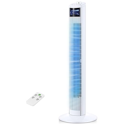 FOHERE Tower Fan for Bedroom, 36" Oscillating Tower Cooling Fan with Remote Control, 12-Hour Timer and Sleep Mode, Portable Stand up Floor Bladeless Fan for Living Room Office, White