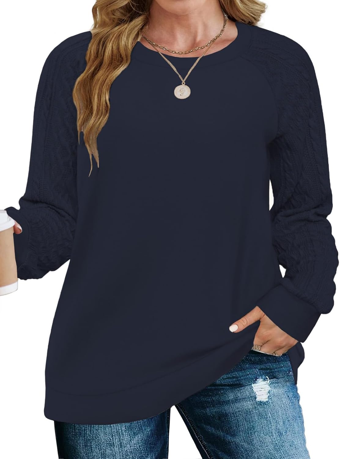 VISLILY Womens-Plus-Size-Sweatshirts Trendy Raglan Cable Knit Long Sleeve Shirts Casual Crewneck Pullover Tunic Tops XL-5XL