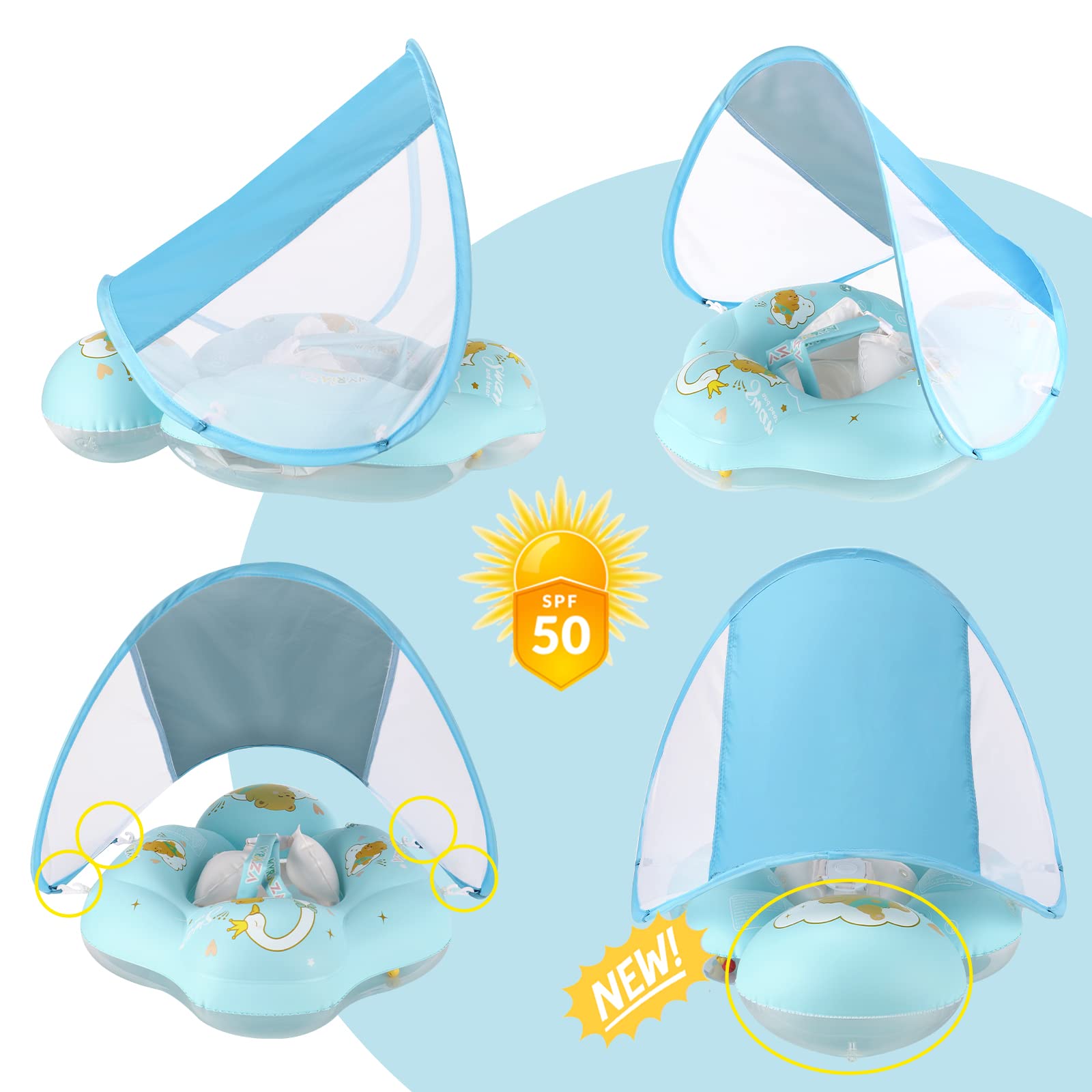 WYRIAZA Salvagente Neonato con Parasole SPF 50+ | Ciambella Neonato Mare Aggiornato con Sfera di Equilibrio per Evitare Il Ribaltamento | Salvagente Neonato 5-16Kgs