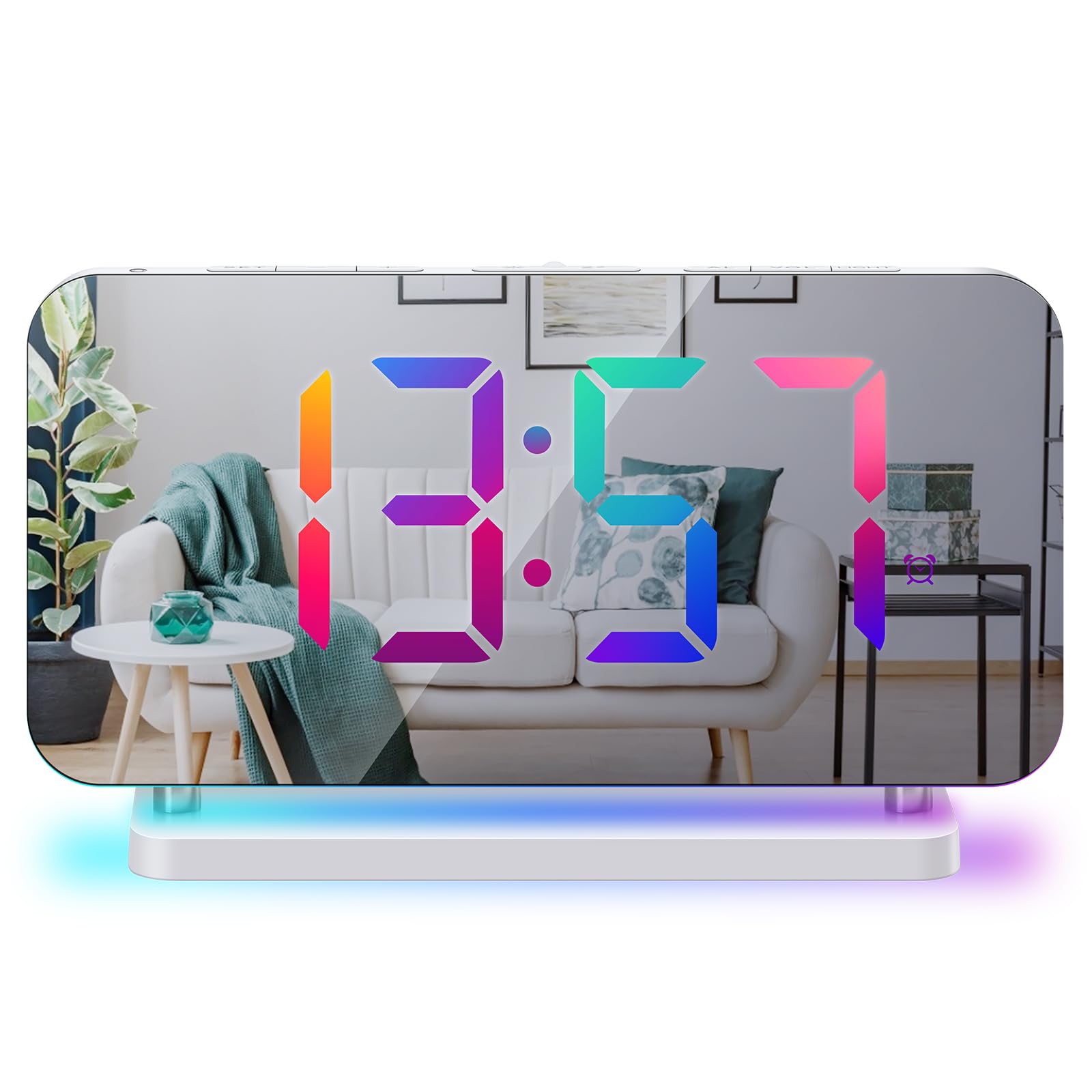 Orologio digitale con luce notturna, sveglia colorata, 10 RGB, luce atmosferica, 5 livelli di volume, dimmer auto, doppia uscita, orologio da comodino per dormire, bianco