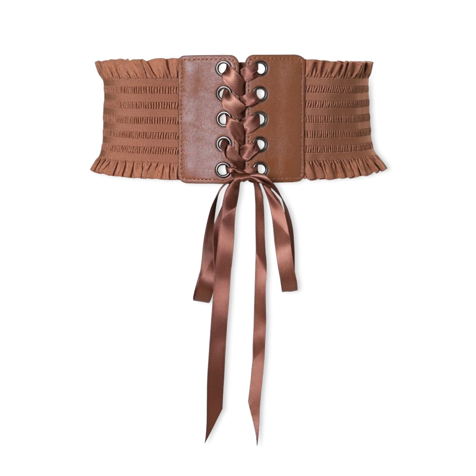 Lumisyne Women's Brown Lace-Up Lace-Up Corset Belt Wide Elastic Waist Belt Snap Buckle Design Fashion Ruffled Trim Stretchy Waistband Retro Cinch Belt For Dress Jumpsuit Overcoat