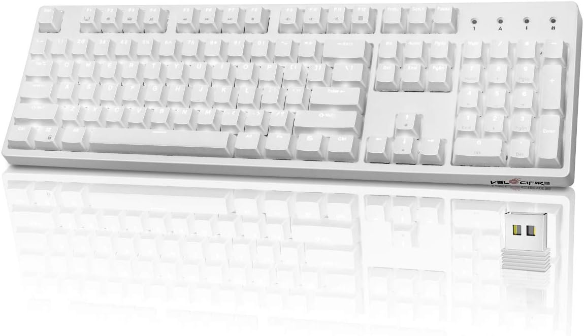 VELOCIFIRE VM02WS Mechanical Keyboard, 104-Key Ergonomic With Red Switches, White Backlit & High Battery Lasting for Copywriters, Typists, Programmer (White)