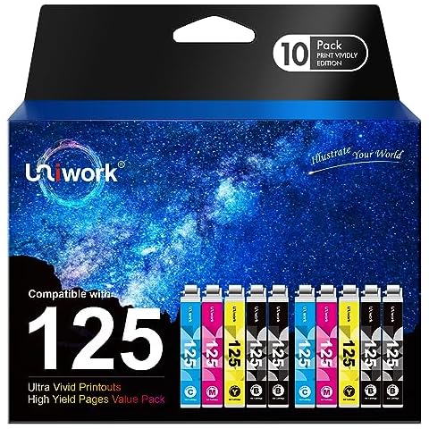 Uniwork Remanufactured Ink Cartridge Replacement for Epson 125 T125 use for NX125 NX127 NX130 NX230 NX420 NX530 NX625 Workforce 320 323 325 520 Printer Tray (4 Black 2 Cyan 2 Magenta 2 Yellow 10 Pack Cover